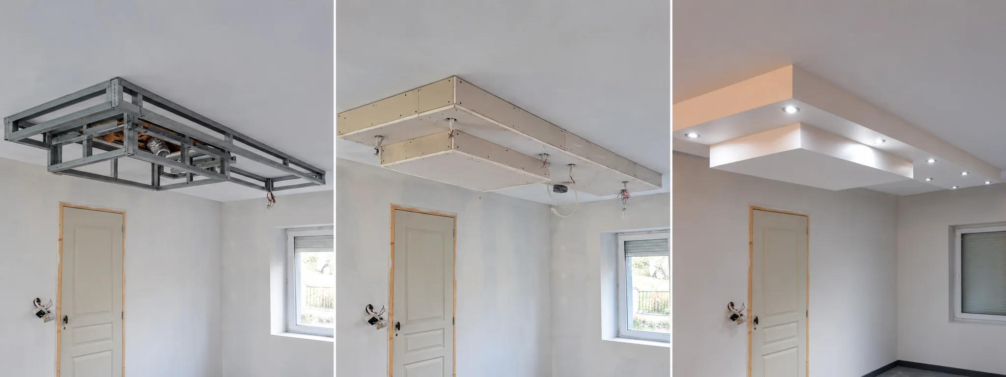 Trois étapes côte à côte de la réalisation d'un caisson de hotte : ossature métallique, plaques de plâtre et finition avec éclairage